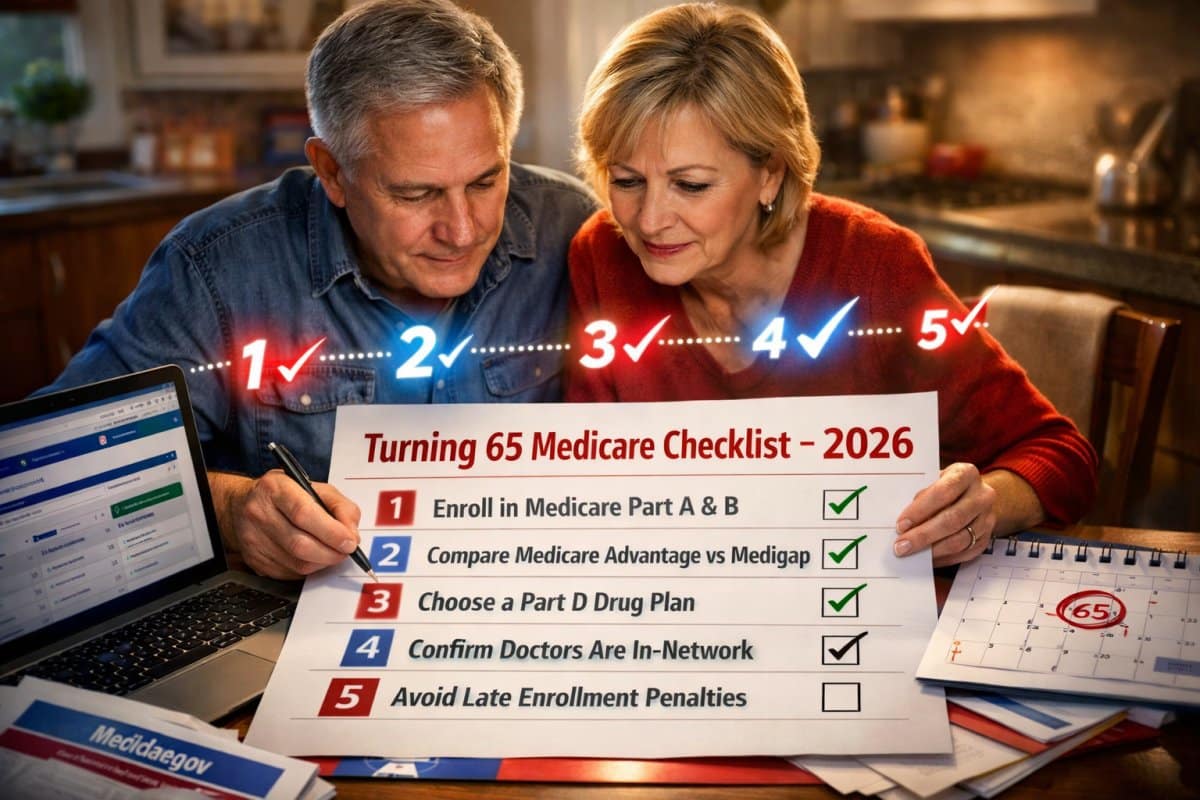 Couple at their kitchen table reviewing a Turning 65 Medicare checklist for 2026.